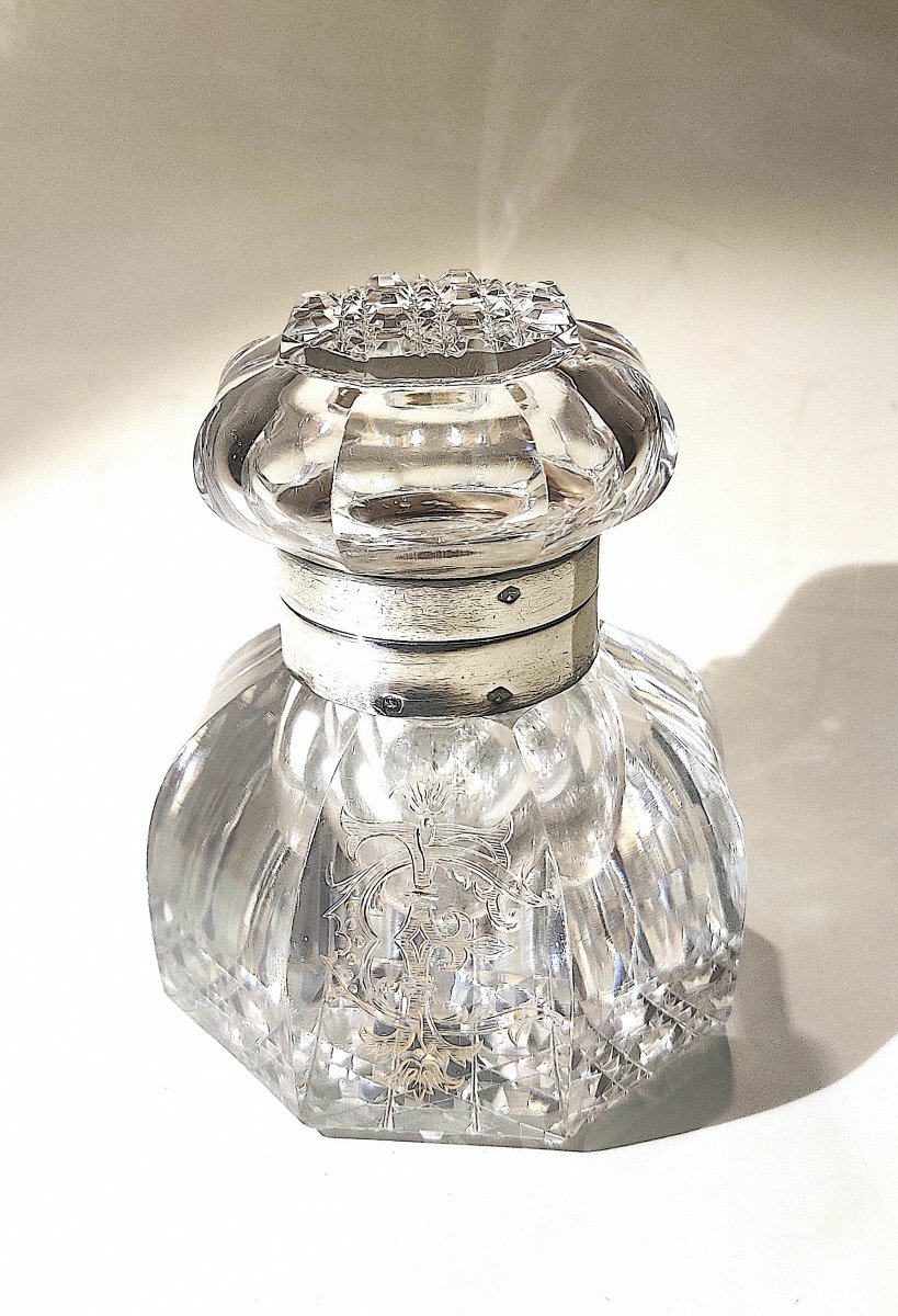 Encrier cristal taillé et argent d'époque fin XIXème