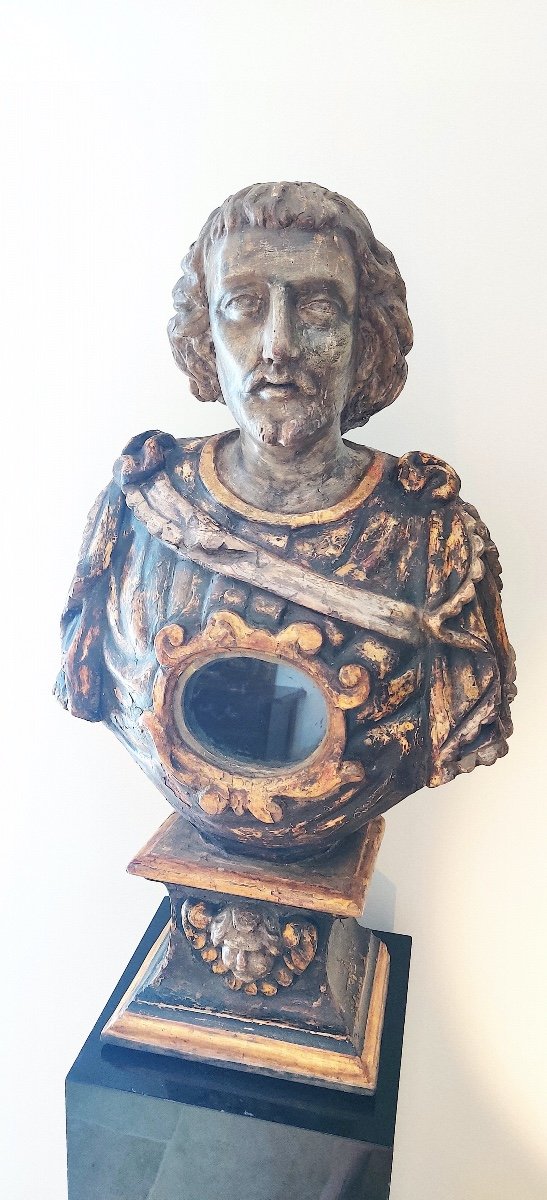 Very Large Reliquary Bust In Painted And Gilded Wood, South Of Italy, Late 17th Century.-photo-2