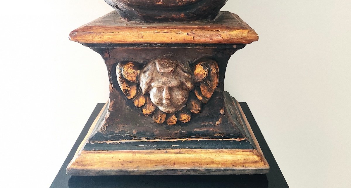 Very Large Reliquary Bust In Painted And Gilded Wood, South Of Italy, Late 17th Century.-photo-2