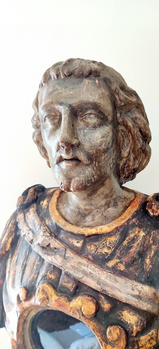 Very Large Reliquary Bust In Painted And Gilded Wood, South Of Italy, Late 17th Century.-photo-4