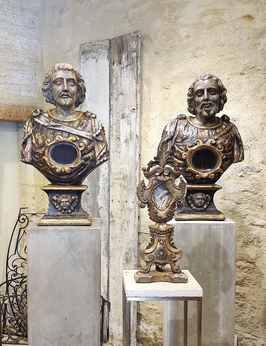 Very Large Reliquary Bust In Painted And Gilded Wood, South Of Italy, Late 17th Century.-photo-7