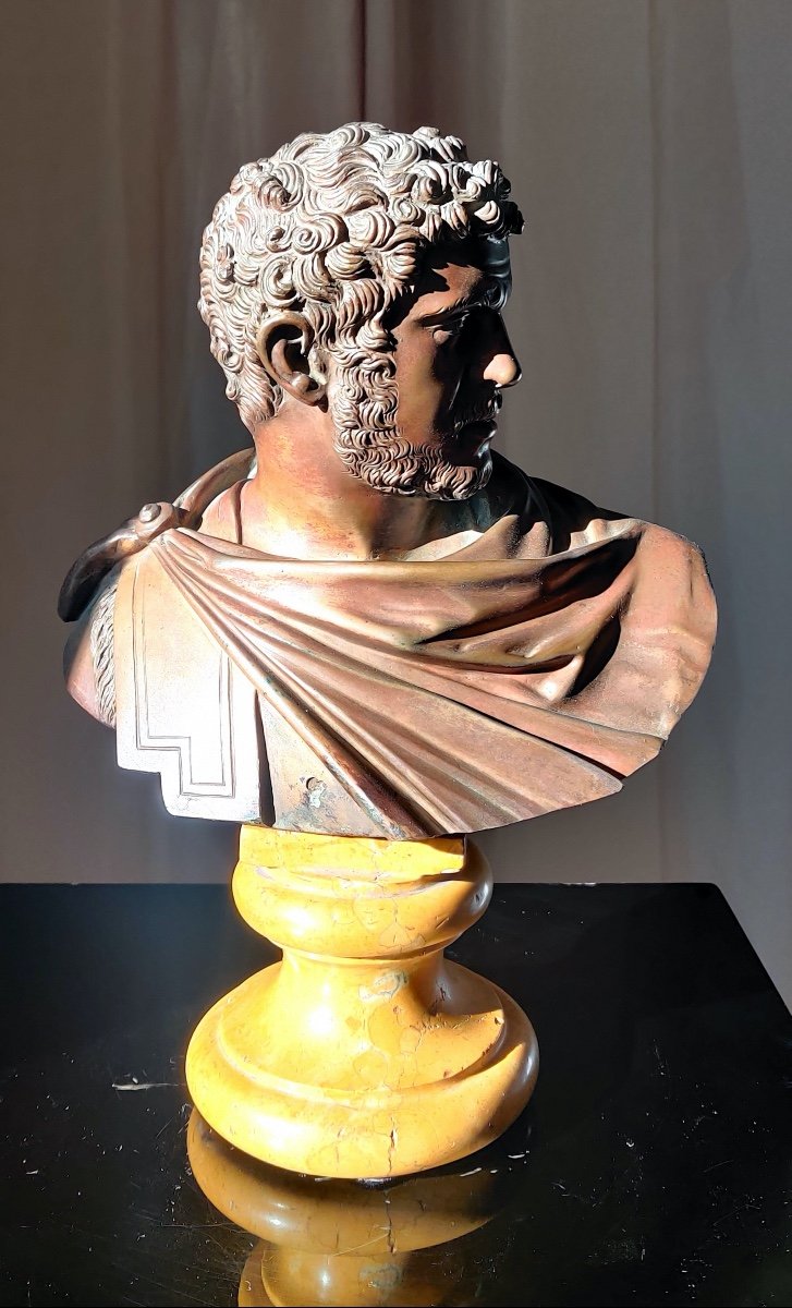 Buste de l'Empereur romain Caracalla en bronze patiné sur son piédouche marbre , Naples XIXème -photo-6