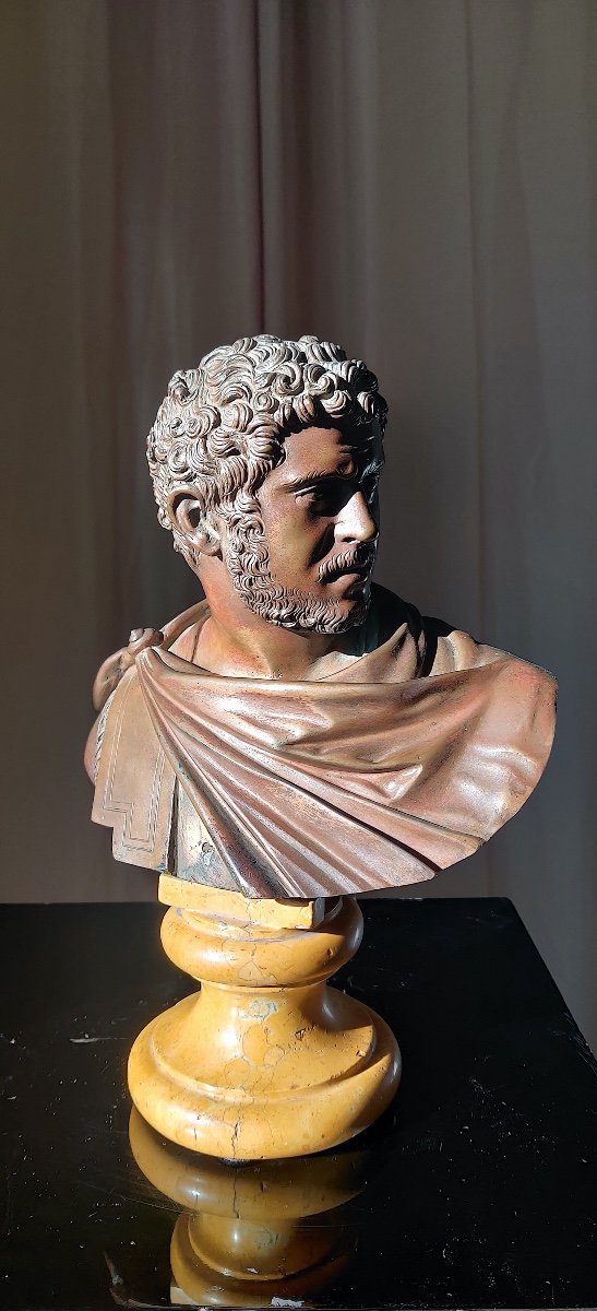 Buste de l'Empereur romain Caracalla en bronze patiné sur son piédouche marbre , Naples XIXème -photo-7