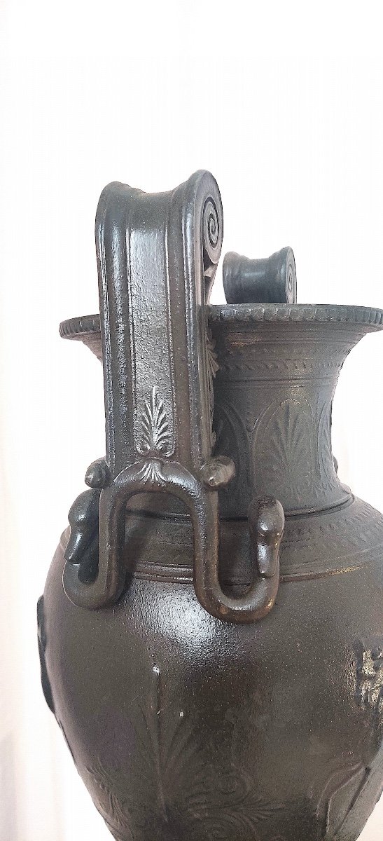 Large Vase After The Antique In Patinated Spelter On Marble Base, 19th Century-photo-4