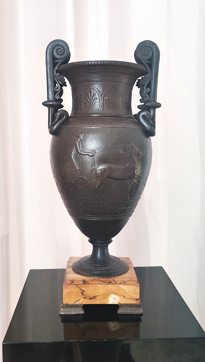 Large Vase After The Antique In Patinated Spelter On Marble Base, 19th Century