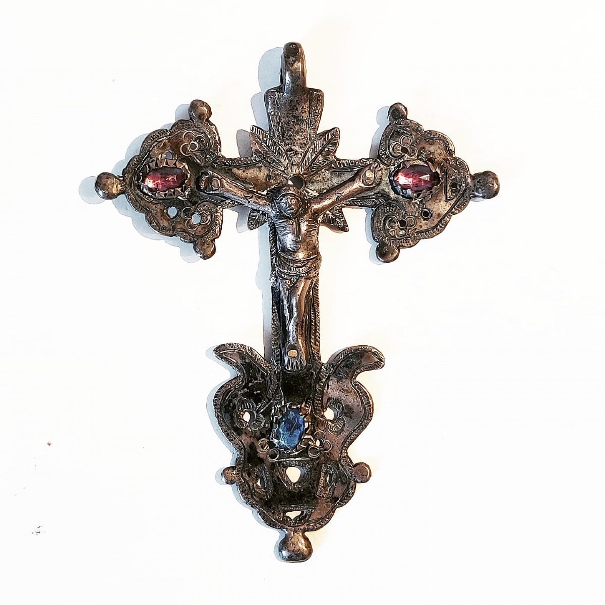 Large "christ On The Cross" Pendant In Silver-plated Bronze, Italy, 18th Century.