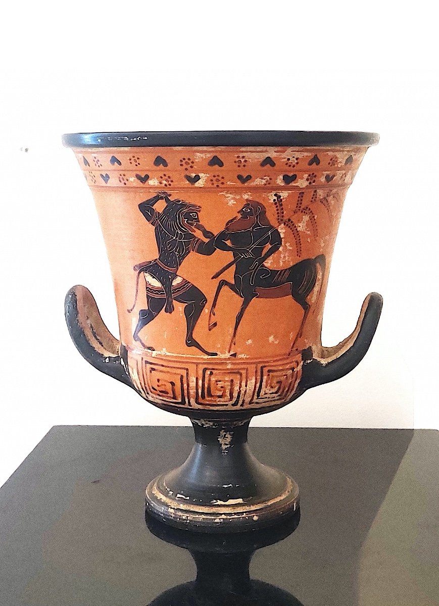 Vase de forme cratère d'après l'Antique à figures noires , Grand Tour , Italie début XXème.