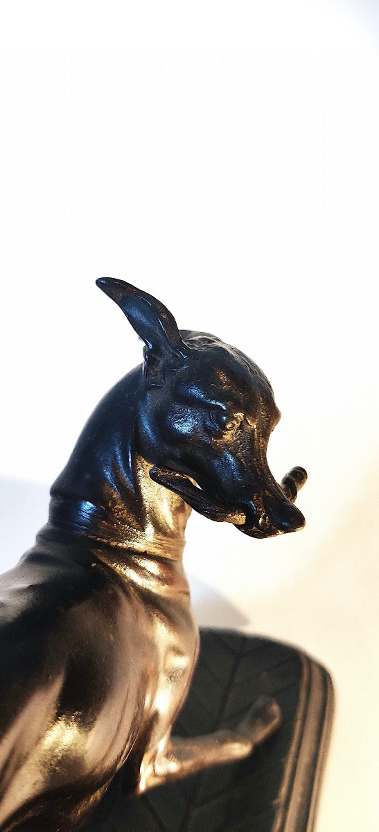 Sculpture "greyhound Playing With A Branch" In Patinated Bronze Spelter, Ec Fr, 19th Century -photo-2