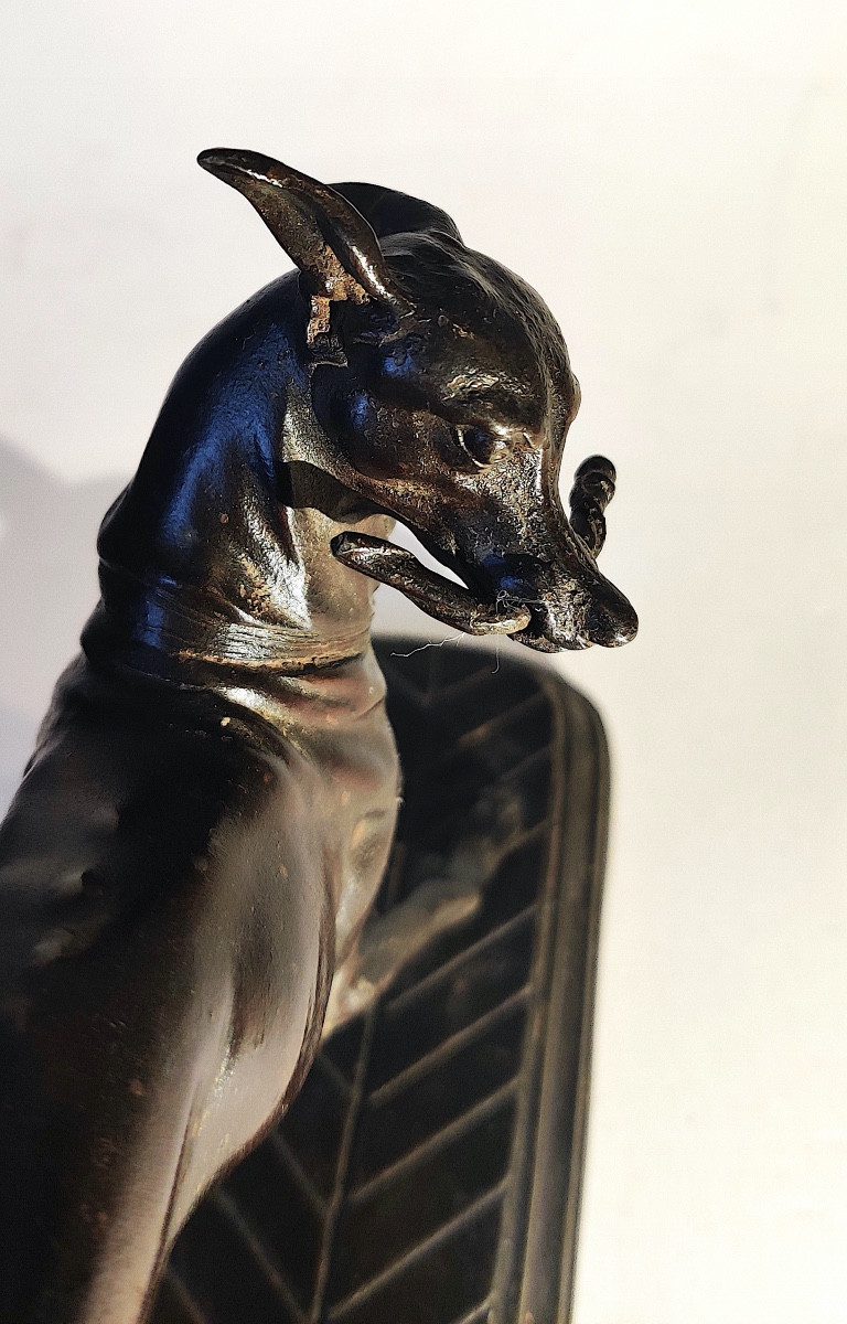 Sculpture "greyhound Playing With A Branch" In Patinated Bronze Spelter, Ec Fr, 19th Century -photo-3