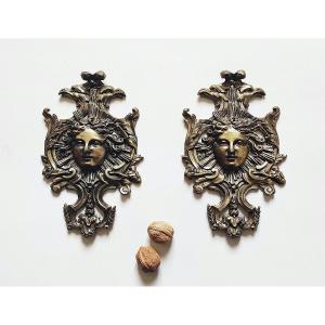 Pair Of Large Bronze Plaques With "mascarons" In Style L.xiv.