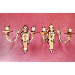 Pair Of Regency Style Sconces In Gilded Bronze 