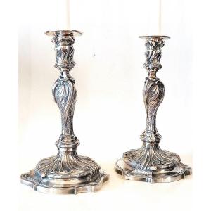 Exceptional Pair Of Lxv Period Candlesticks With A Crowned "c" In Silvered Bronze, 18th Century 