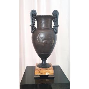 Large Vase After The Antique In Patinated Spelter On Marble Base, 19th Century