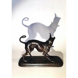 Sculpture "greyhound Playing With A Branch" In Patinated Bronze Spelter, Ec Fr, 19th Century 