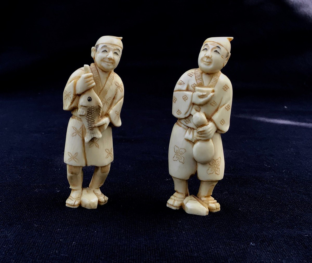 Okimono (2 Pieces) In Ivory-japan Meiji Period (1868-1912)-photo-3