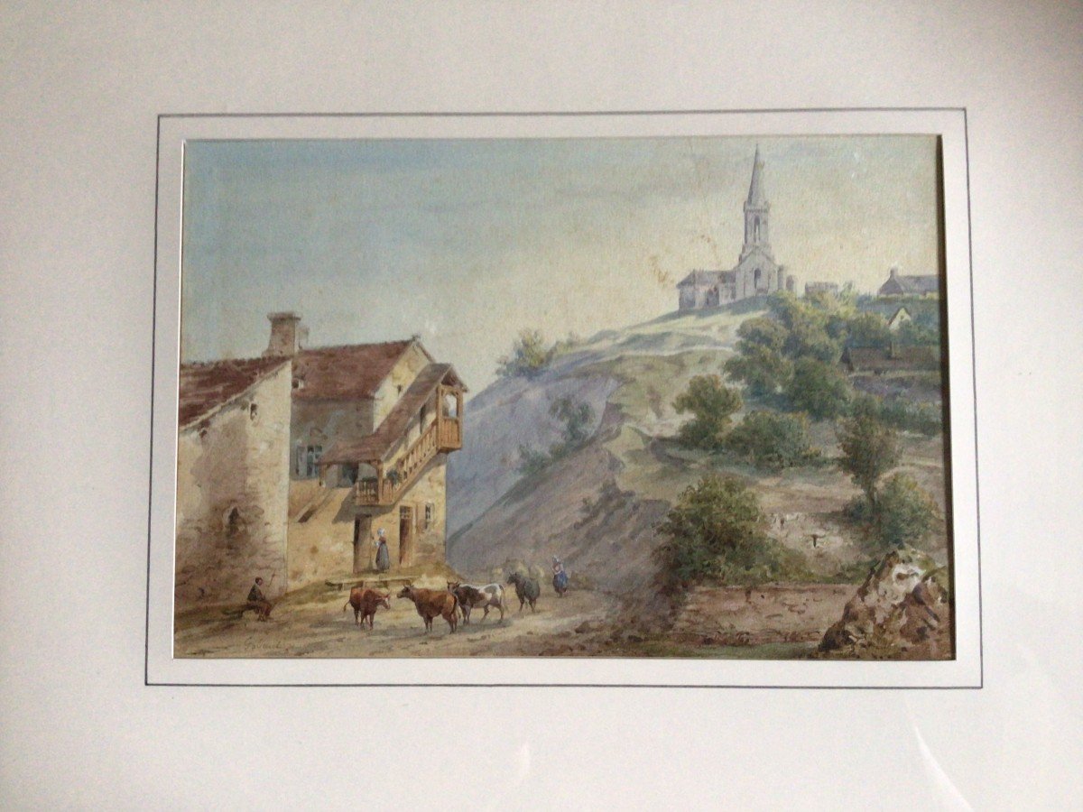 Vue De Village Avec Famille De Paysans - Gobaut Gaspart - Aquarelle-photo-2