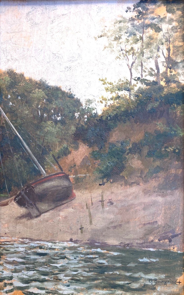 Small Boat Stranded - Gustave Bourgain - Oil On Panel