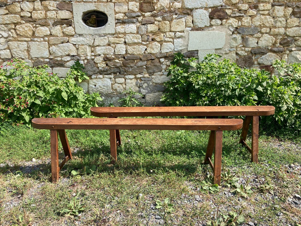 Pair Of 19th Century Fruitwood Benches-photo-1