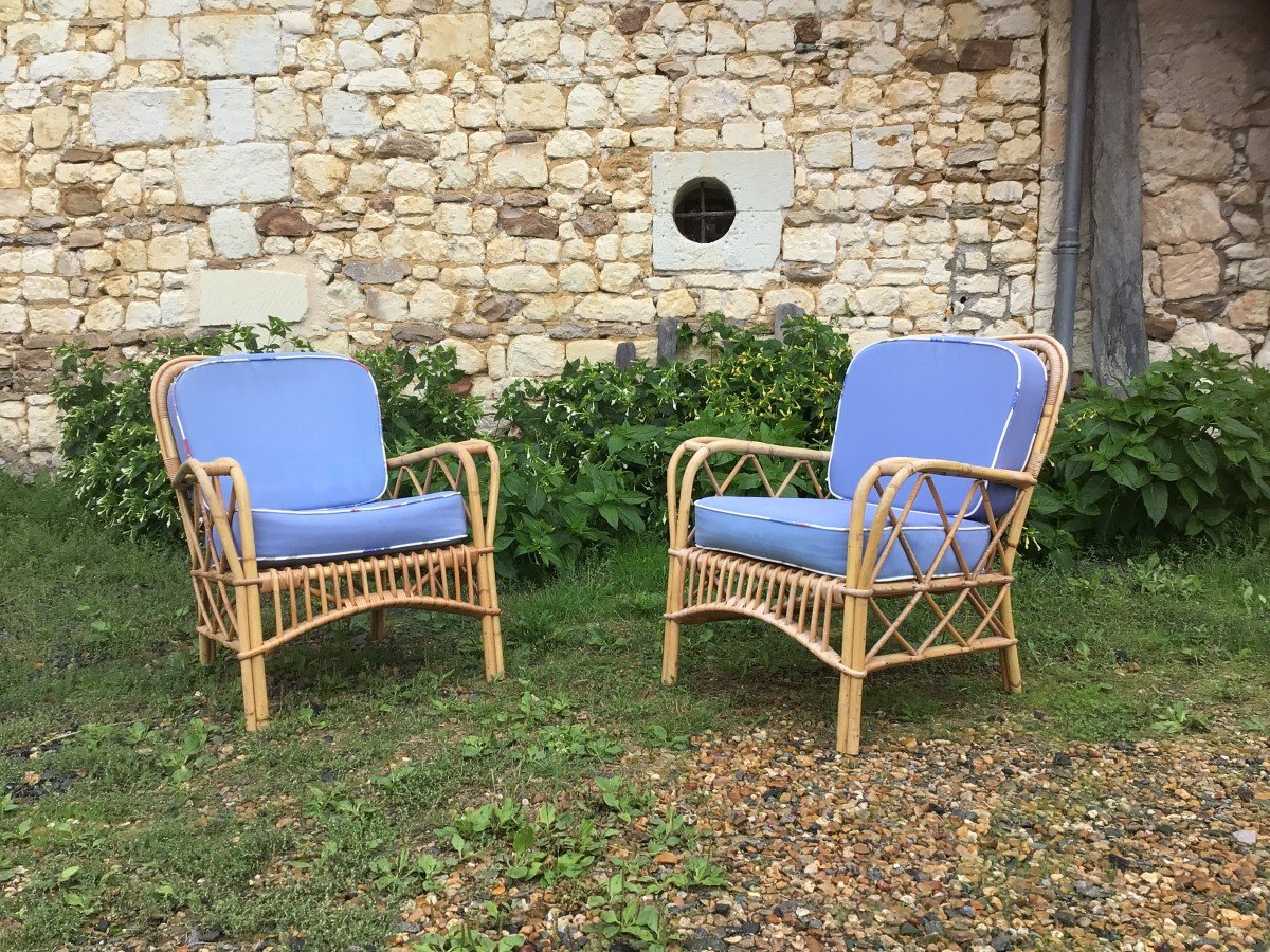 Paire De Fauteuils En Bambou 1970 ou lot de 14 exemplaires.-photo-2