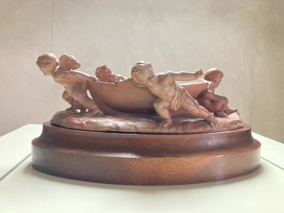 Terracotta Group - "putti Around A Boat"-photo-2