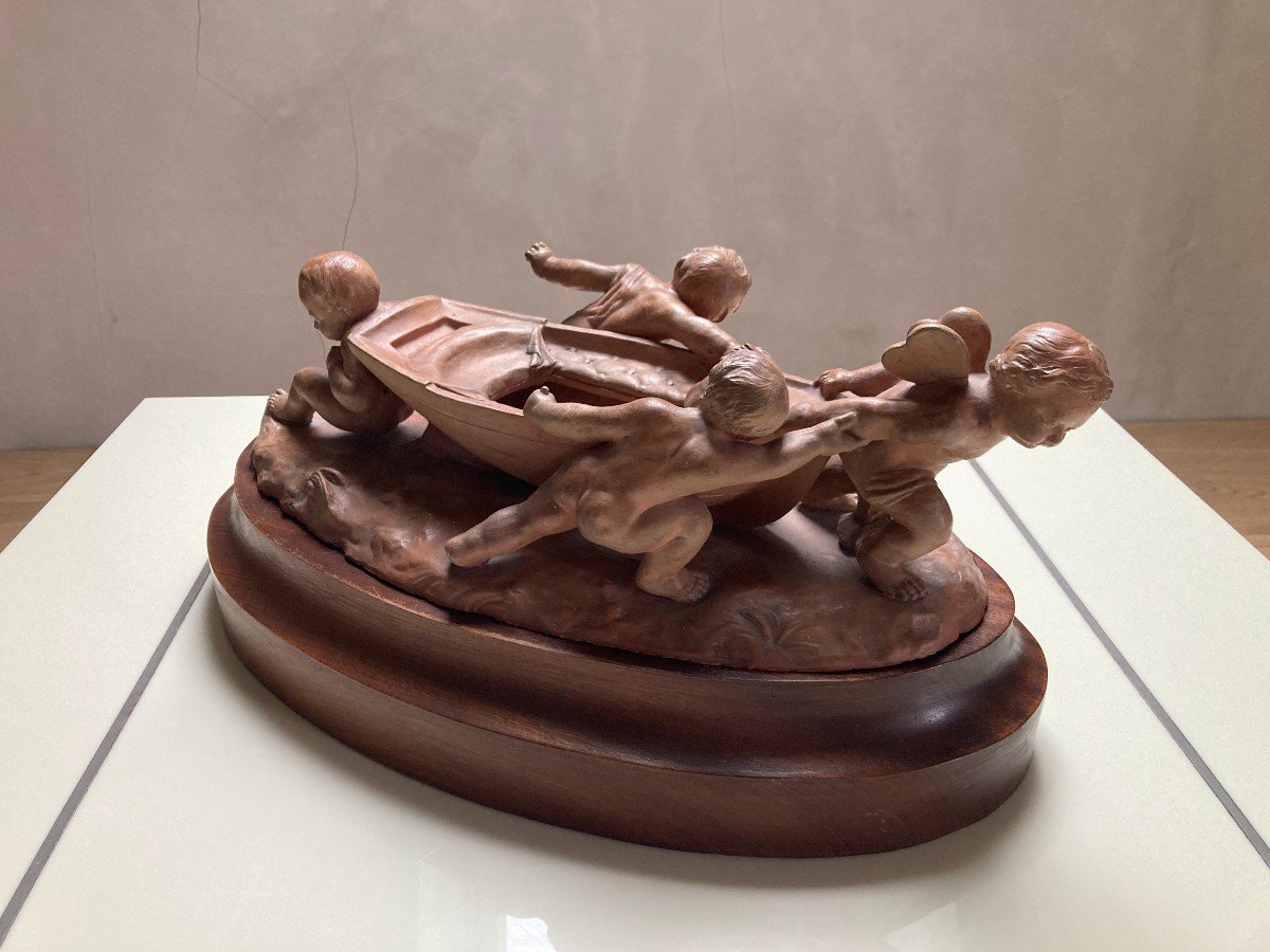 Terracotta Group - "putti Around A Boat"-photo-5