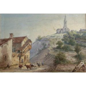 Vue De Village Avec Famille De Paysans - Gobaut Gaston - Aquarelle