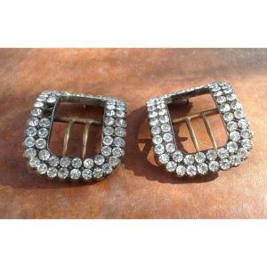 Paire De Boucles De Chaussures/ Strass/argent Massif