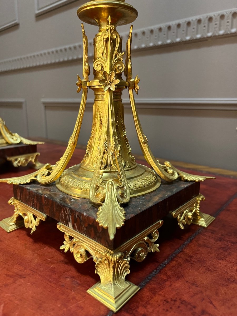 Pair Of Bronze And Marble Candelabras, 19th Century-photo-2