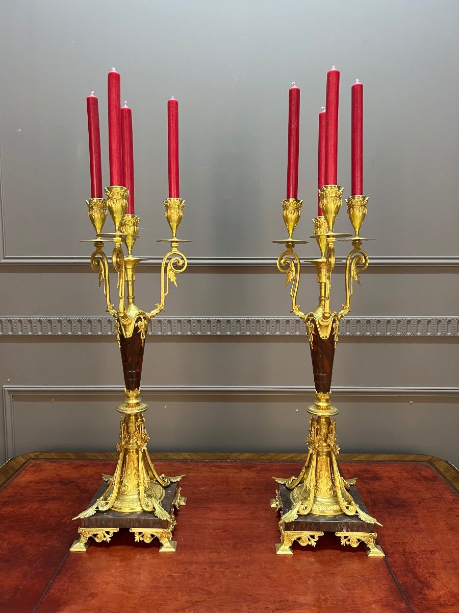 Pair Of Bronze And Marble Candelabras, 19th Century