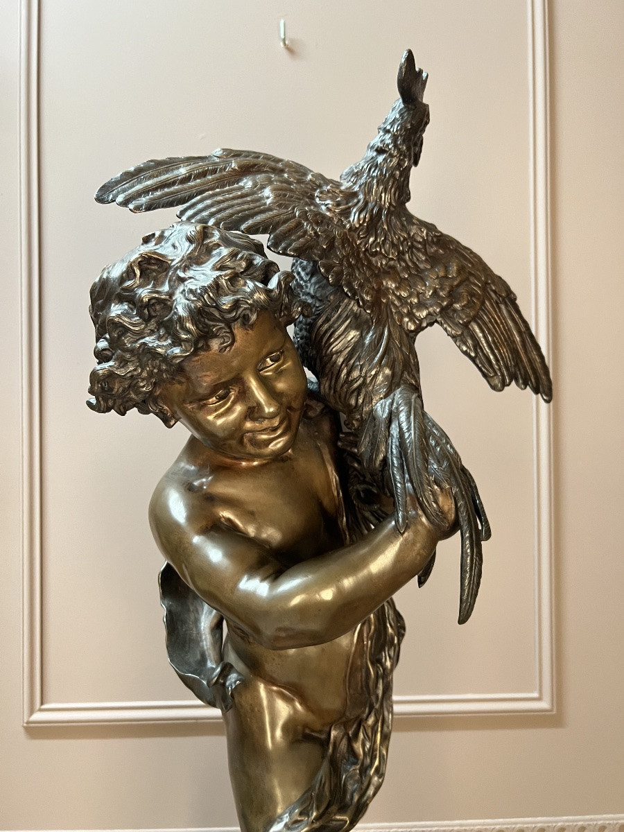 Enfant Au Coq, Sculpture En Bronze D’emile Laporte-photo-2