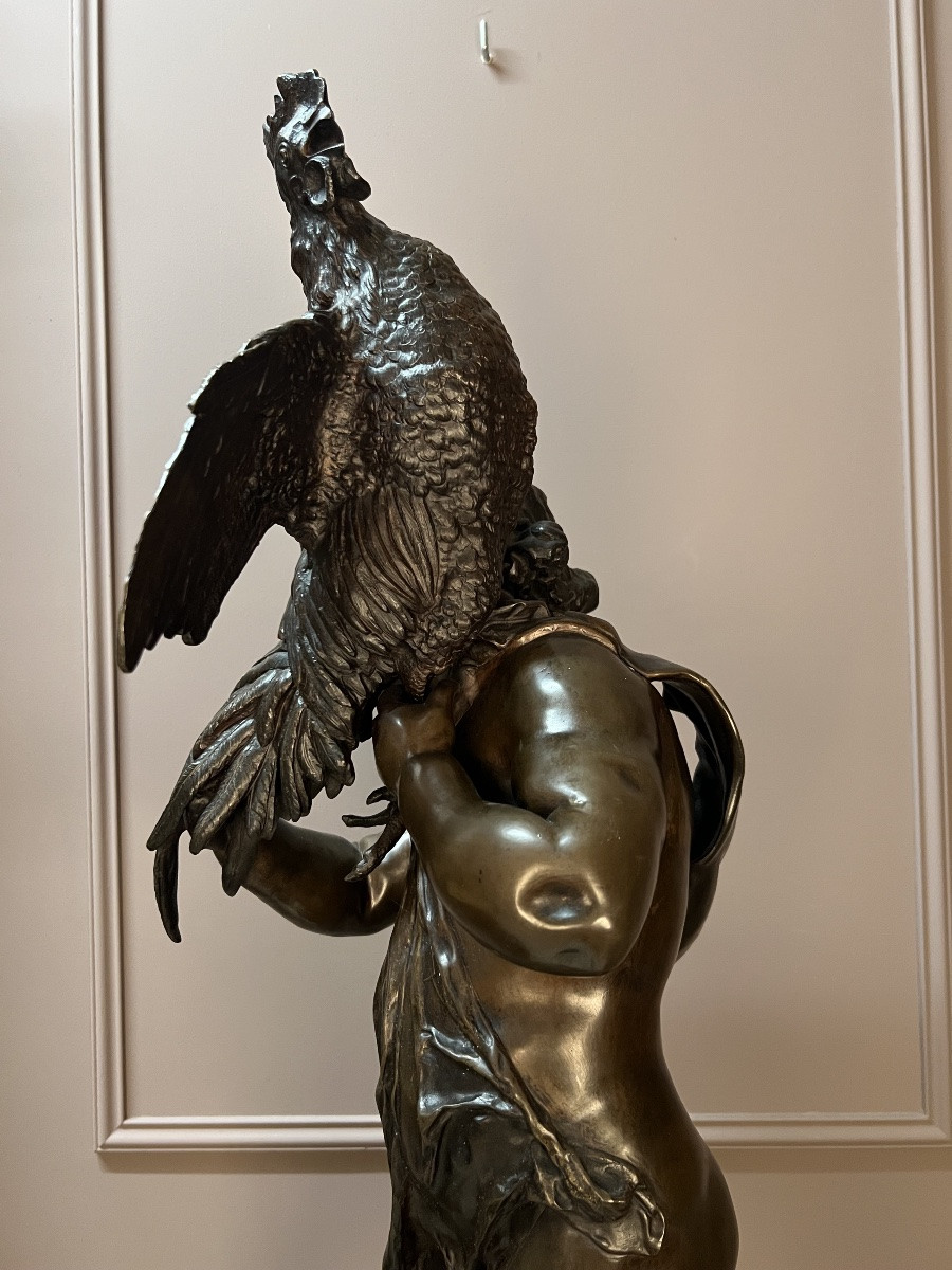 Enfant Au Coq, Sculpture En Bronze D’emile Laporte-photo-3