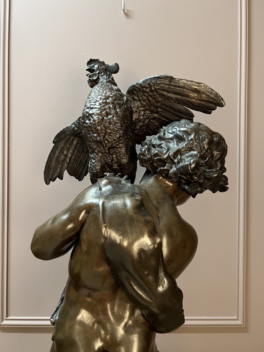 Enfant Au Coq, Sculpture En Bronze D’emile Laporte-photo-1