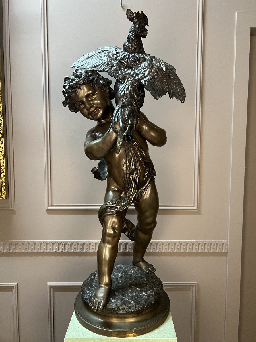 Enfant Au Coq, Sculpture En Bronze D’emile Laporte