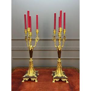 Pair Of Bronze And Marble Candelabras, 19th Century