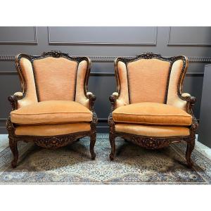 Large Pair Of Louis XV Style Bergeres, 19th Century