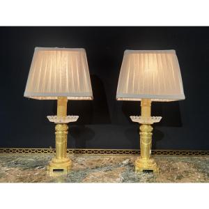 Paire De Petites Lampes Baccarat De Style Louis XVI En Bronze Doré