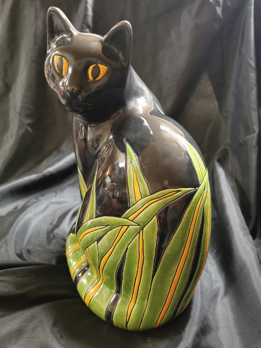 Black Cat 70s Enameled Ceramic From Longwy -photo-2