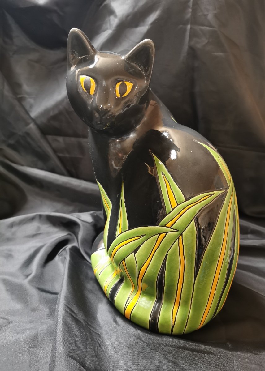 Black Cat 70s Enameled Ceramic From Longwy 