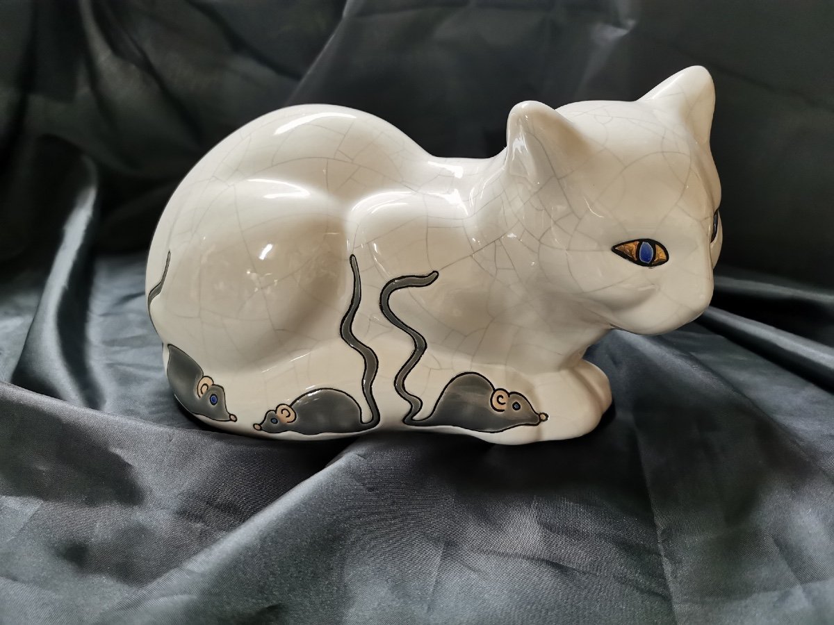 Lying Cat "mouse" In Glazed Earthenware From The Longwy Manufacture-photo-2