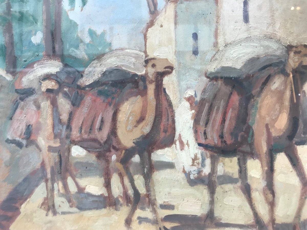 Orientalist Early 20th Gouache Camels Morocco Rene Limousis-photo-2