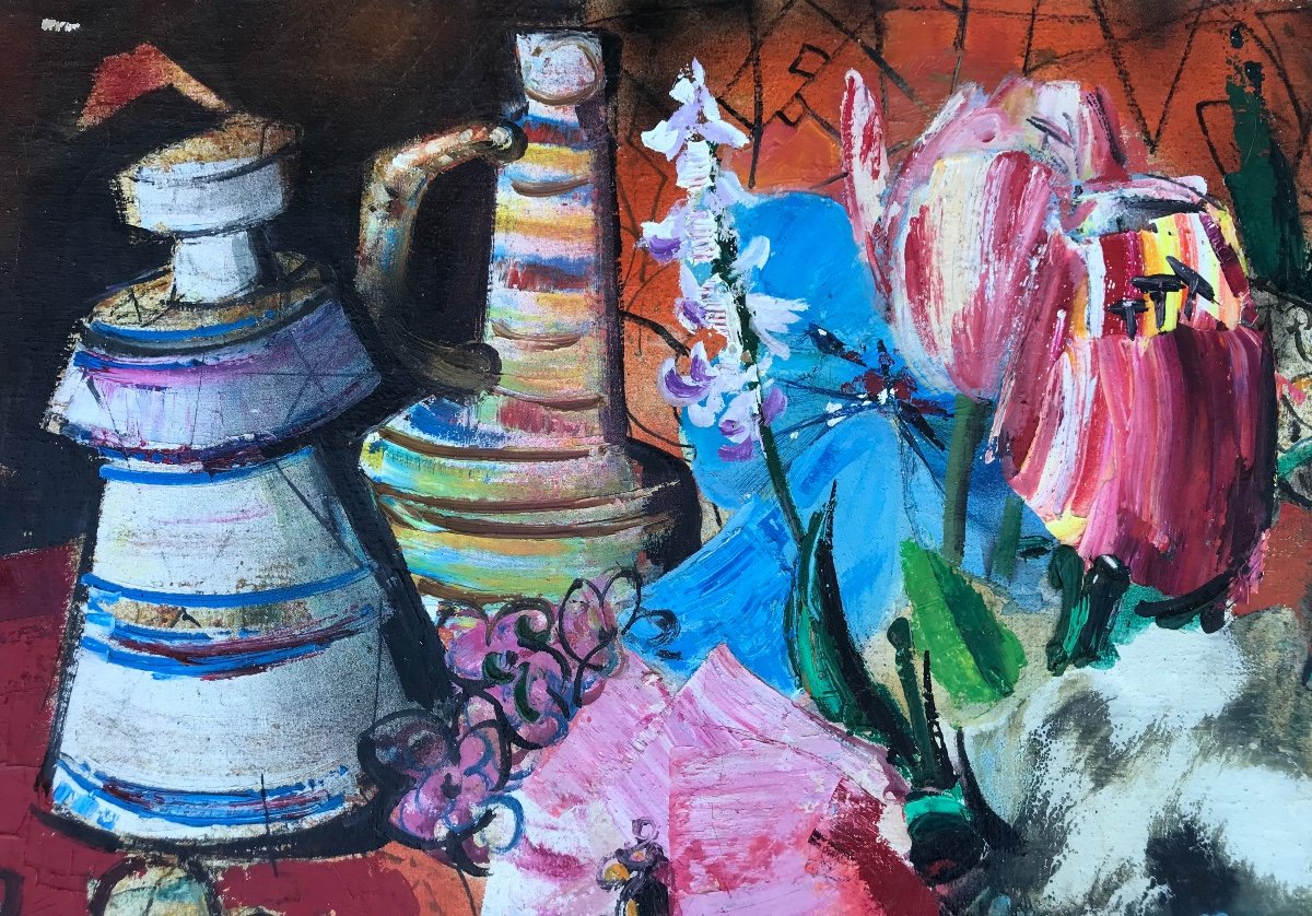 Large Colorful Still Life By Painter Rodolphe Caillaux (basque Country/international) Hst-photo-2