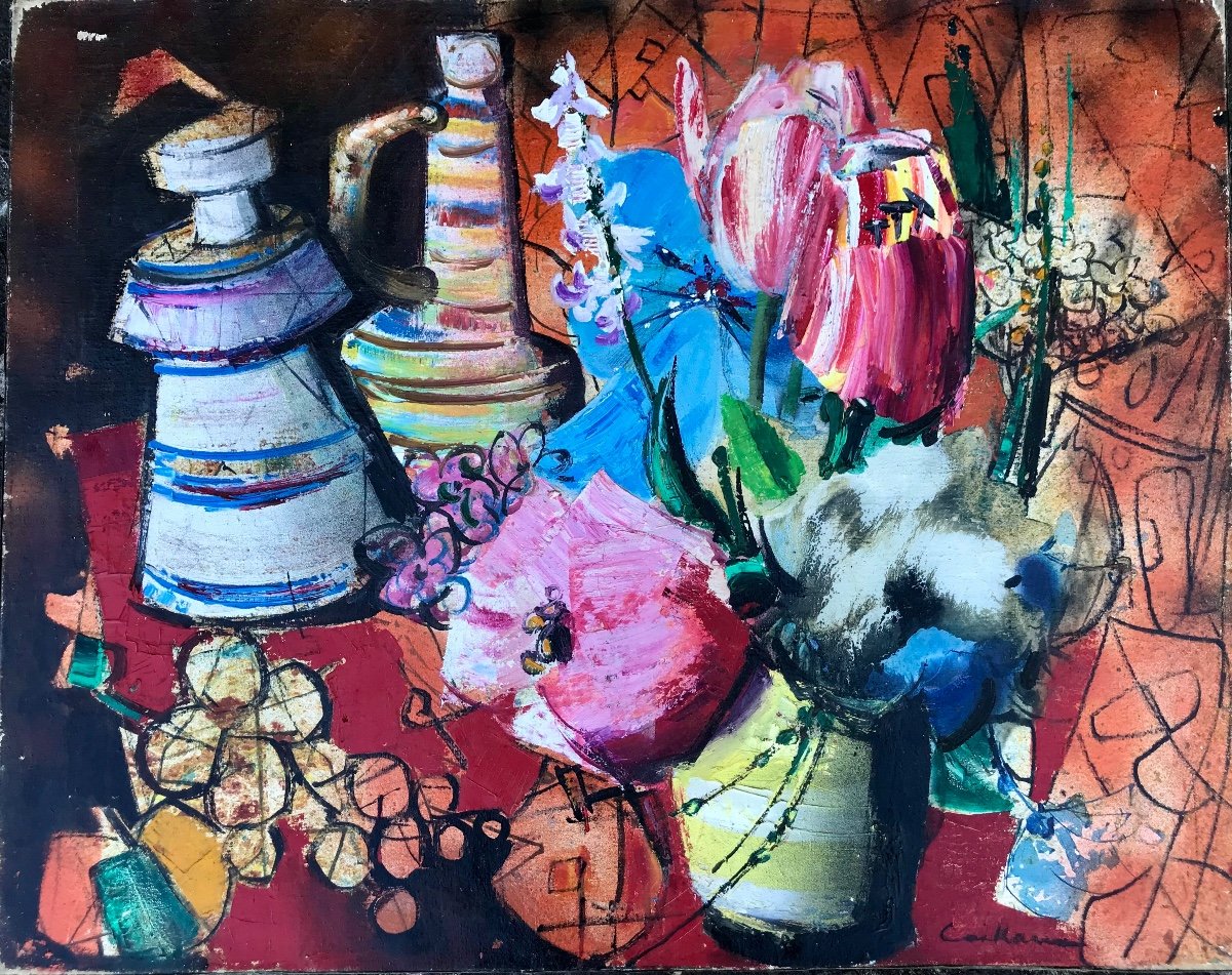 Large Colorful Still Life By Painter Rodolphe Caillaux (basque Country/international) Hst