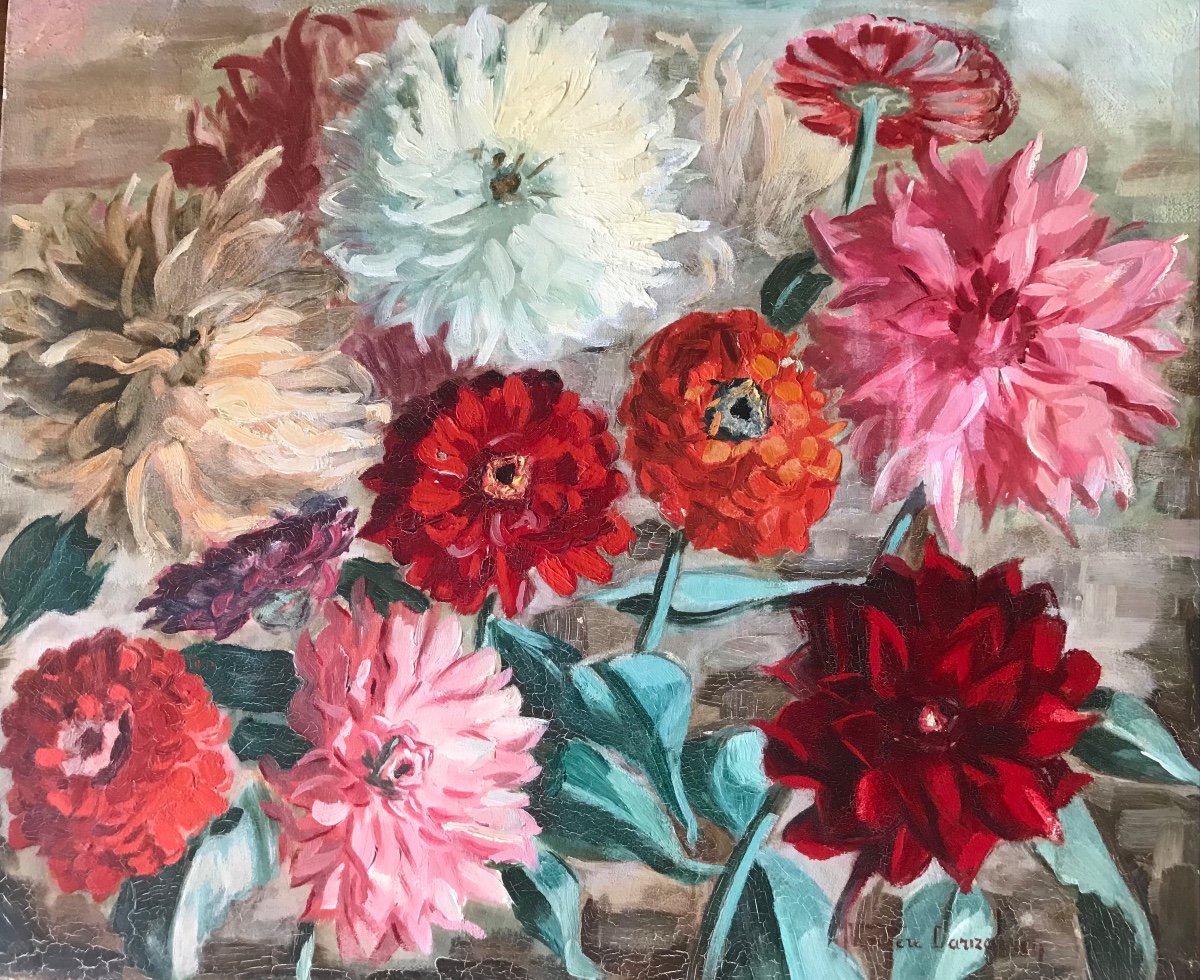 Dahlias Oil On Panel By Basque Painter Mayi Varchere Darizcuren