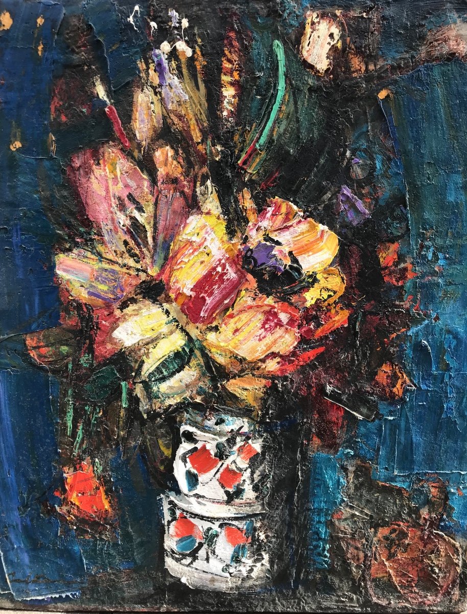 grandeHst Rodolphe Caillaux Bouquet Bleu Du Peintre  Huile Au Couteau qui a vécu au Pays Basque