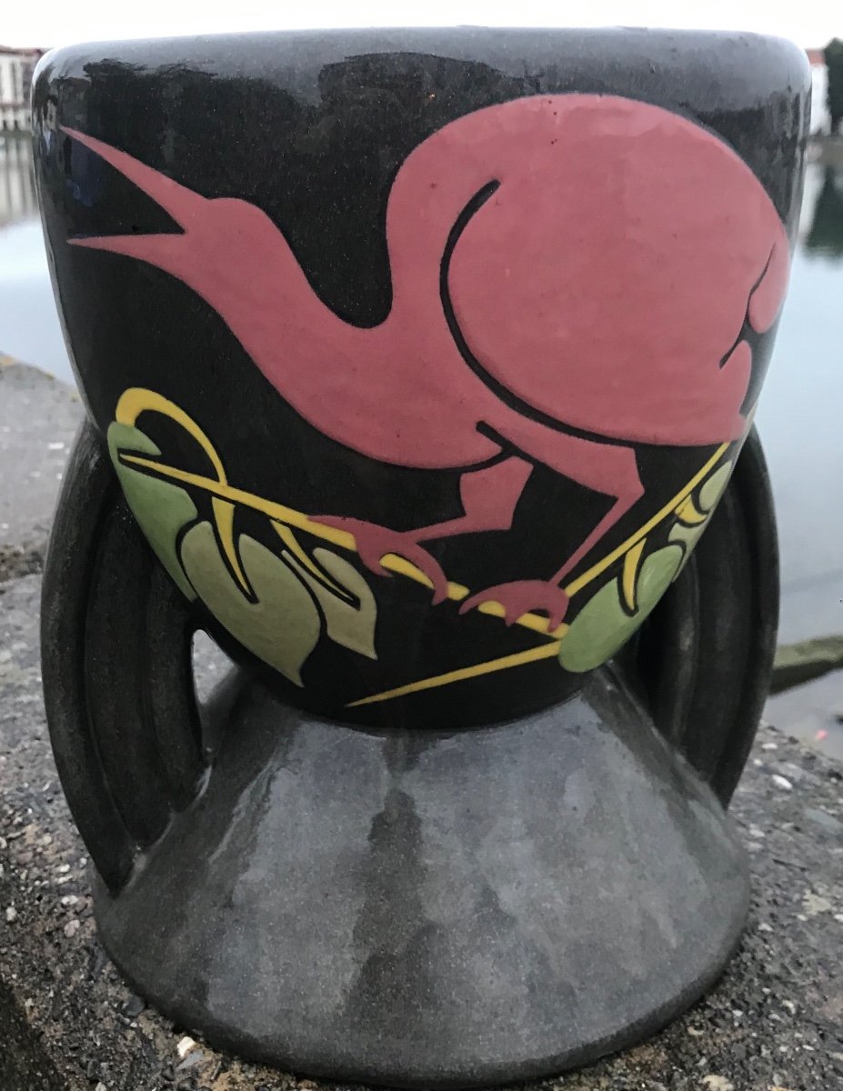 Large Vase Simone Larrieu Art Deco Period Pink Heron 28 Cm Daughter Of Octave Pyrenees Basque Country-photo-2