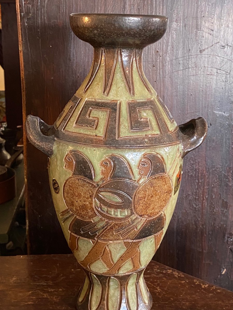 Grand Vase Ancien Gres Dubois Bouffioulx Poterie Artisanale Belge Décor Néo Grec-photo-1