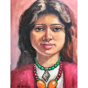 Orientalist Portrait And Basque Painter William Biehn Oil On Hardboard - Berber Girl From Morocco
