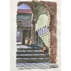 Morocco Orientalism Moulay Idriss Gouache By Basque Painter William Biehn