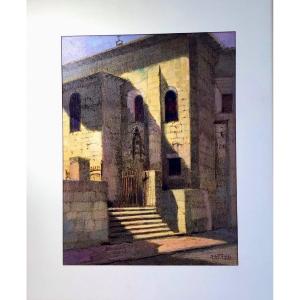 Church Of Ciboure By Dante Antonini Oil On Paper By The Basque Painter