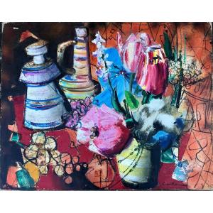 Large Colorful Still Life By Painter Rodolphe Caillaux (basque Country/international) Hst